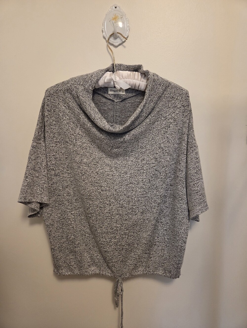 Ginger G Heathered Gray Cowl Neck Drawstring Top